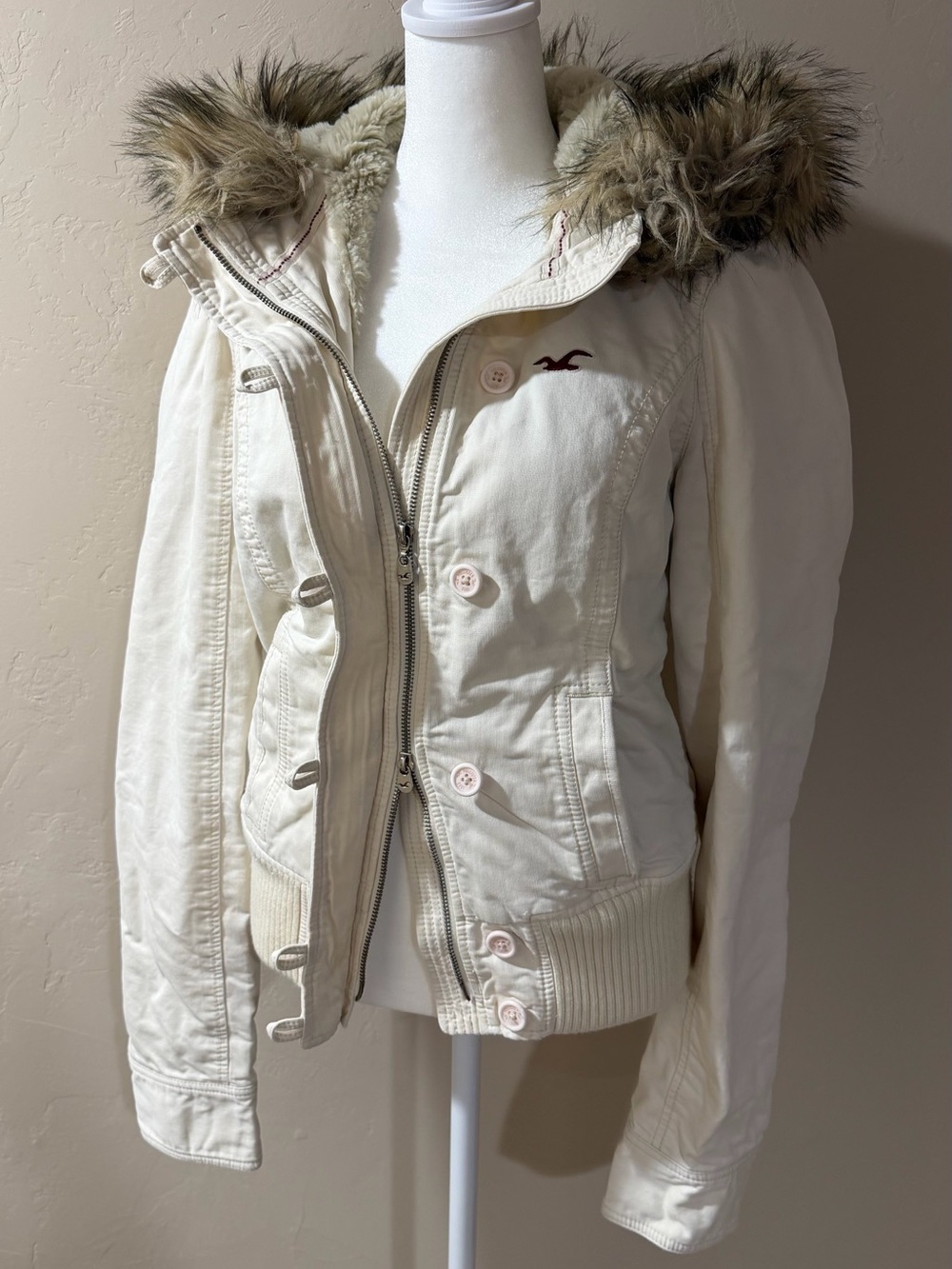 Hollister Cream Faux-Fur Lined Hooded Bomber Parka Jacket - Picture 2 of 10